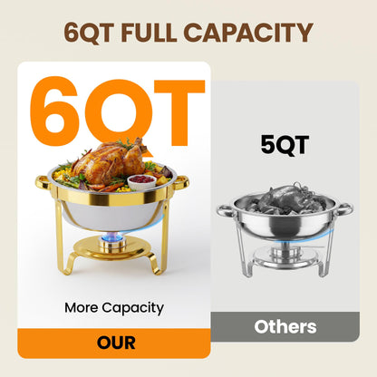 Gold Chafing Dishes for Buffet Set of 4 Pack, 6QT Round Buffet Servers and Warmers Set with 4 Spoons, 4 Slotted Spoons, 4 Tongs, 2 Gloves, Chafers and Buffet Warmers Sets for Wedding, Birthday, Party