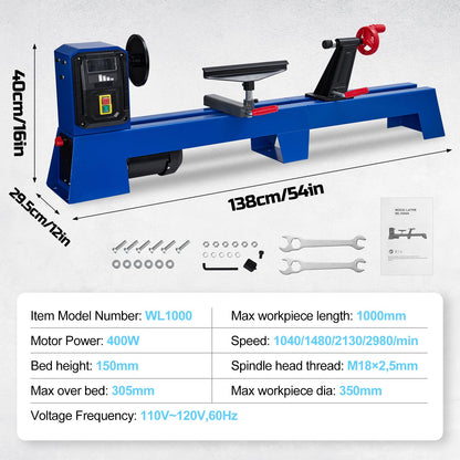 Garvee Wood Lathe, 14 in x 40 in Benchtop Wood Lathe Machine 0.5 HP Infinitely Variable Speed 1040-2980 RPM, Wood Turning Lathe Machine with Wrench & 2 Chisels for Woodworking, Woodturning