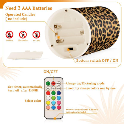 BOENLE Flickering Flameless Candles, Leopard Texture LED Candles with Remote Timer, Set of 2 Battery Operated Candle for Valentine Wedding Birthday