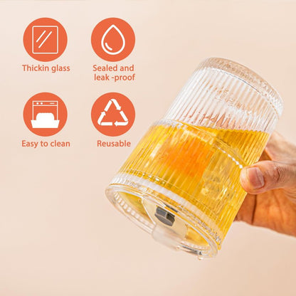 SoulTimes 13oz Glass Tumblers with Lids and Straws, Set of 2 - Stylish Ribbed Design Drinking Glasses for Iced Coffee, Juice, Smoothies, Cold Beverages, Includes Cleaning Brush, Durable Glassware