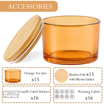 CONNOO 15 Pack 4oz Orange Glass Candle Jars with Airtight Bamboo Lids for Making Candles, Bulk Small Wide Mouth Empty Candle Containers with Sticky Warning Labels - Dishwasher Safe