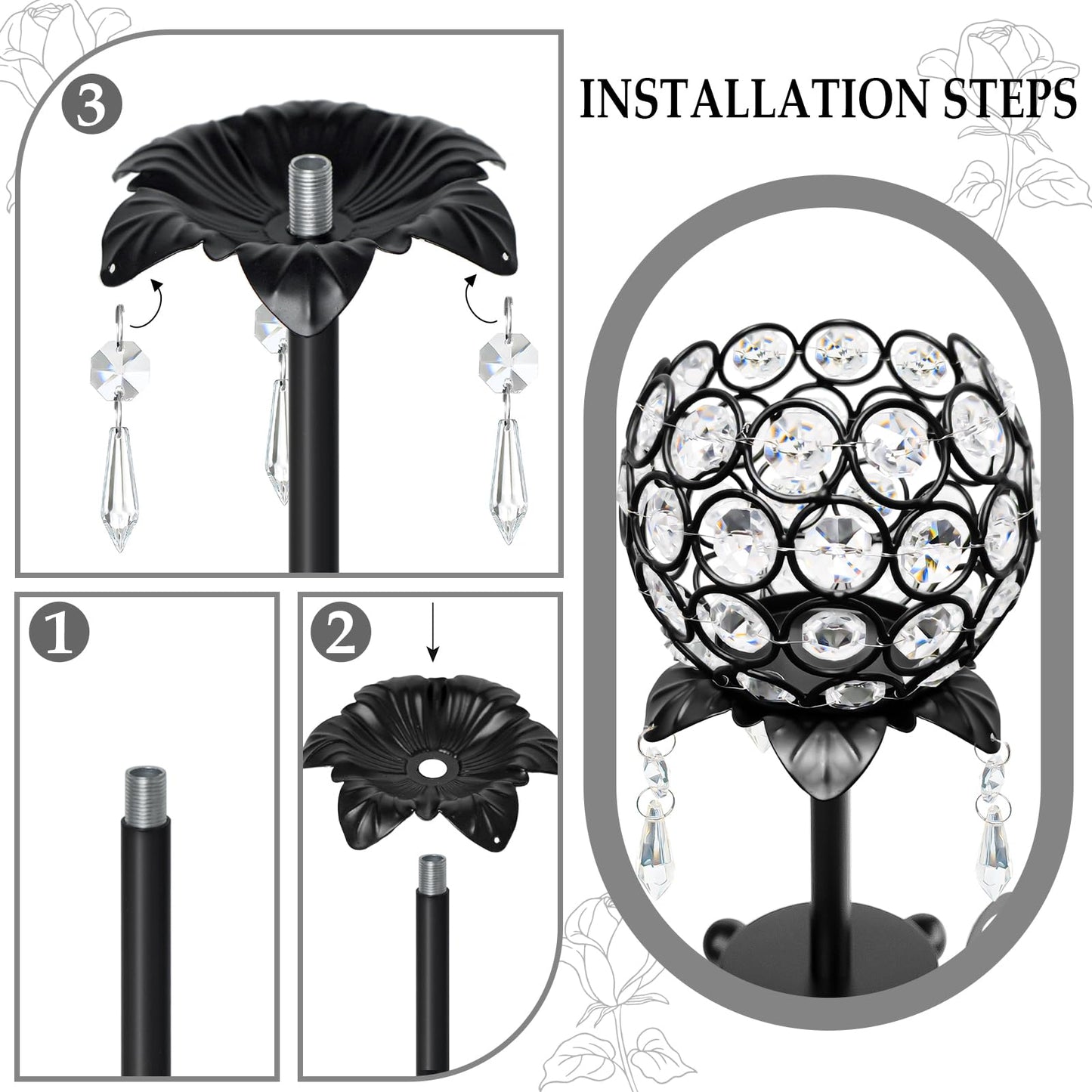 5 Pcs Metal Flower Candle Holder Leaves, 4.3 Inch Metal Candle Stand Accessories with 3 Hanging Holes for Crystal Pendants, Suitable for Candlesticks and Candelabra (Black, 3.9"-5pcs)