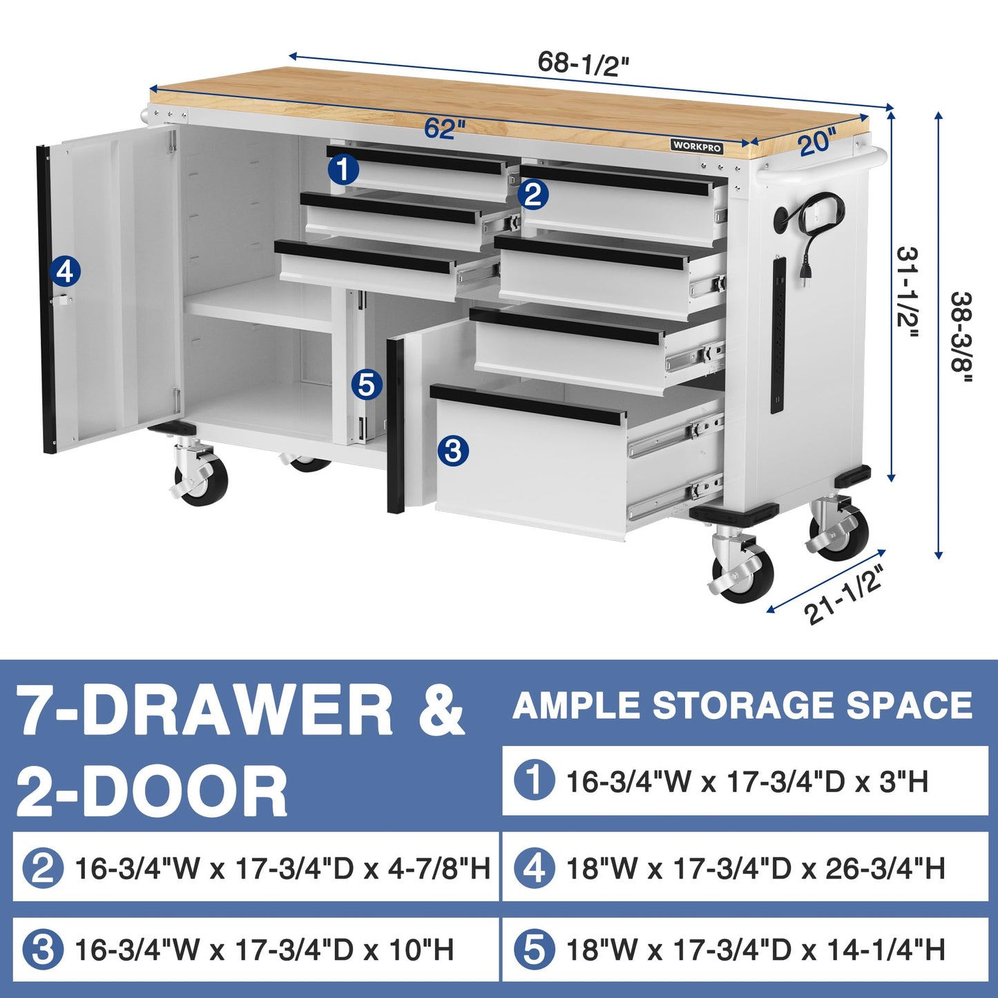 WORKPRO 62" Rolling Tool Chest, Heavy Duty Mobile Tool Storage Cabinet with 7-Drawer & 2-Door, Power Strip, Locking System, 1000 LBS Capacity Rolling Cabinet for Garage, Kitchen & Warehouse