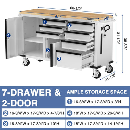 WORKPRO 62" Rolling Tool Chest, Heavy Duty Mobile Tool Storage Cabinet with 7-Drawer & 2-Door, Power Strip, Locking System, 1000 LBS Capacity Rolling Cabinet for Garage, Kitchen & Warehouse