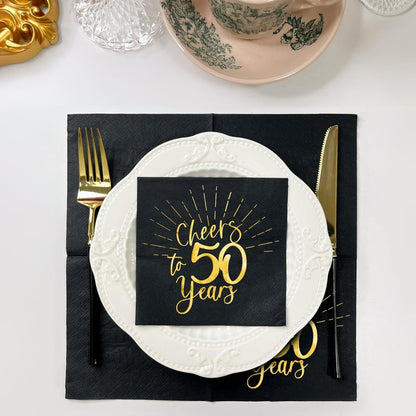 WRAPAHOLIC 50Pcs 50th Birthday Napkins - 3-Ply Disposable Paper Cocktail Napkin, Black and Gold Foil Cheers to 50 Years - 5 x 5 In