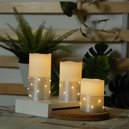 H-BLOSSOM Flickering Flameless Candles Ivory Real Wax Pillar with Embedded String Lights LED Candles Battery Operated with 10 Key Remote and Cycling 5H Timer Set of 3 (3" x 4"/5"/6") (Silver)