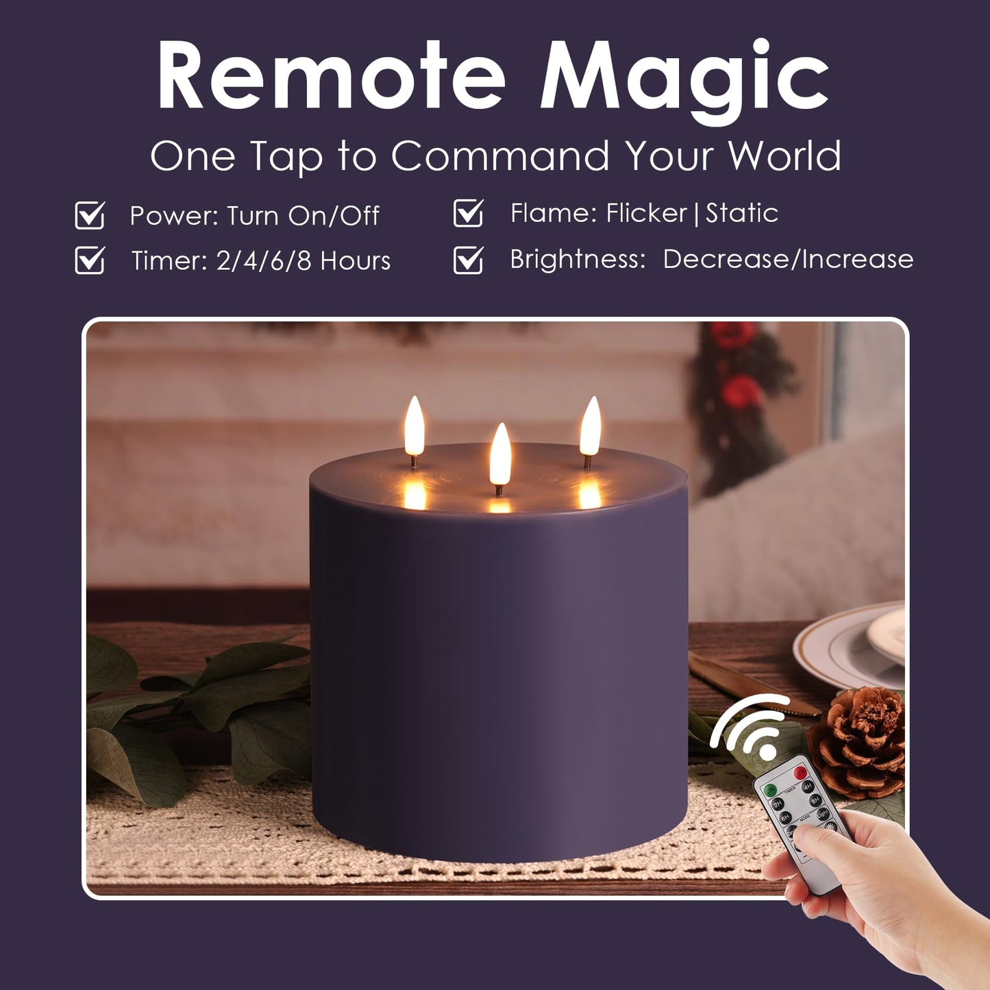 Girimax Navy Blue 3 Wick Flameless Candle with Remote, 6x6 inch Giant LED Pillar Candle, Battery Operated Real Wax Flickering