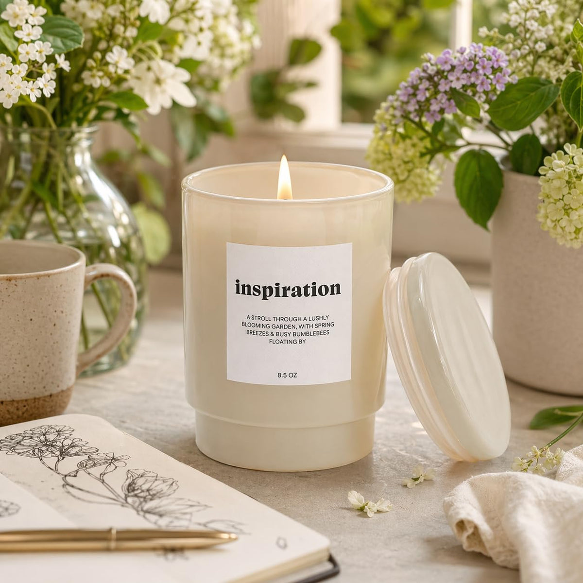 AromaLight 8.5oz with Lid Glass Jar Candle in Ivory – Fresh Morning Scent, Inspiration Collection, Travel & Desk Size