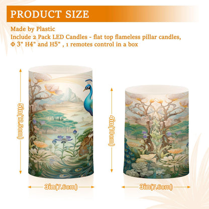 BOENLE Flickering Flameless Candles, Peacock Garden LED Candles with Remote Timer, Set of 2 Battery Operated Candle for Valentine Wedding Birthday