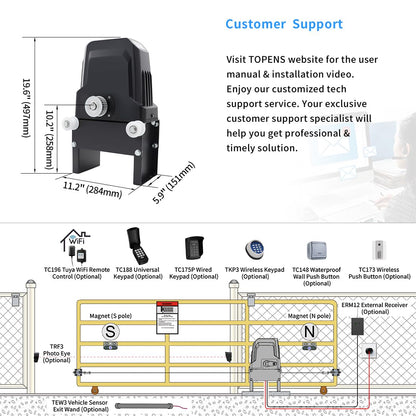 TOPENS BK800 Automatic Sliding Gate Opener Strong Belt Silent Drive Electric Gate Motor for Heavy Driveway Slide Gate Up to 1800 Pounds, Gate Operator AC Powered with 40ft Belt and Remote Control