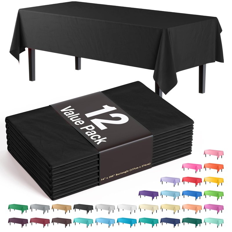 Exquisite 12-Pack Plastic Tablecloth 54x108 Rectangle Value Pack Plastic Table Cover - Black