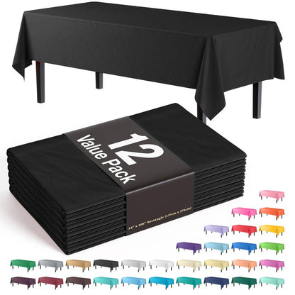 Exquisite 12-Pack Plastic Tablecloth 54x108 Rectangle Value Pack Plastic Table Cover - Black