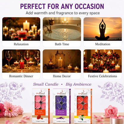 Ampliscent TeaLights Candles I Rose + French Lavender + Jasmine I Pack of 3-30 Premium Tealights I Long-Lasting Aroma | Scented Wax Tealights for Home Decor, Meditation, Christmas & Holiday Gifts