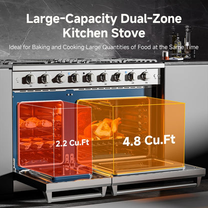 AAOBOSI 48 Inch Freestanding Gas Range Ovens with 6 cu.ft Large Capacity Double Convection Ovens, 6 Sealed Burners Plus Iron Grill Burner, Stainless Steel Gas Range Stove