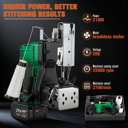Cordless Bag Closing Machine with 2x3.0A Batteries, Brushless Motor, Battery Bag Sewing Machine Portable Bag Closer Stitcher Packing Machine for Feed Sacks, Rice Bags, Burlap Sack