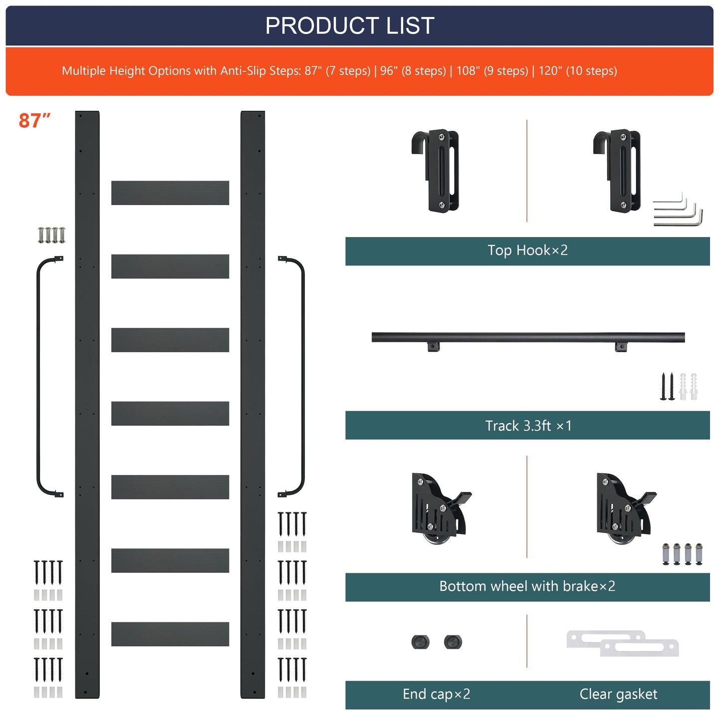 HARDJULAN 87" Telescopic Sliding Library Ladder with Handrail – Lightweight Aluminum Rolling Ladder with Braking Wheels, 3.3FT Hook Ladder Track Kit for Home, Loft, and Bookshelves