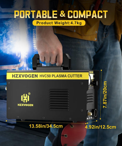 H HZXVOGEN Plasma Cutter with 400A G Style Earth Clamp, 50A Portable Plasma Cutter with Post Flow, 110/220V Dual Voltage Digital Display DC IGBT Inverter HF Air Plasma Cutting Machine