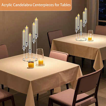 Cheloment 6 Sets 5 Arms Acrylic Candelabra Centerpieces for Tables, 23" Clear Candle Holder for Wedding Dinner Party and Home Decor,Candlesticks Holder with LED Candles