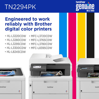 Brother Genuine TN2294PK Standard Yield 4-Pack Printer Toner Cartridges - Black, Cyan, Magenta, Yellow Toner Multipack