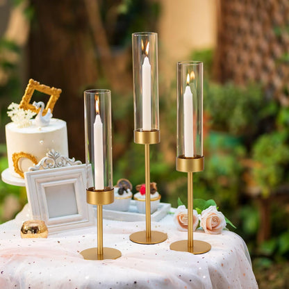 Glass Hurricane Candle Holders Set of 3-Gold Metal Base Taper Candle Stick Holders for CandlesticksHolder Decor, Elegant Dining Table Centerpiece for Wedding, Christmas & Home Decor