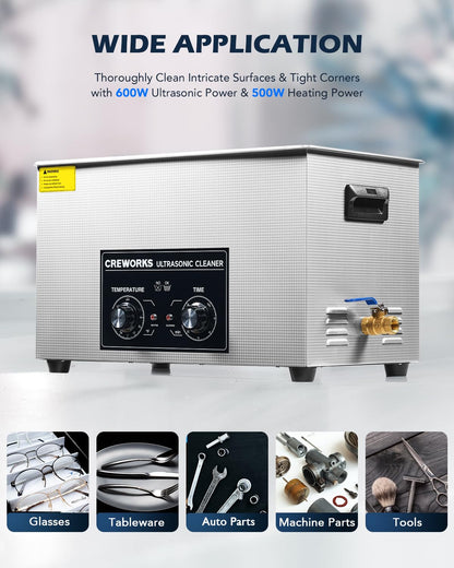 CREWORKS 30L Ultrasonic Cleaner with Heater & Timer, 600W 304 Stainless Steel Sonic Cleaner, 7.9 gal Ultrasonic Parts Cleaner with Knobs, Professional Lab Ultrasonic Cleaner for Auto Tool Machine Part