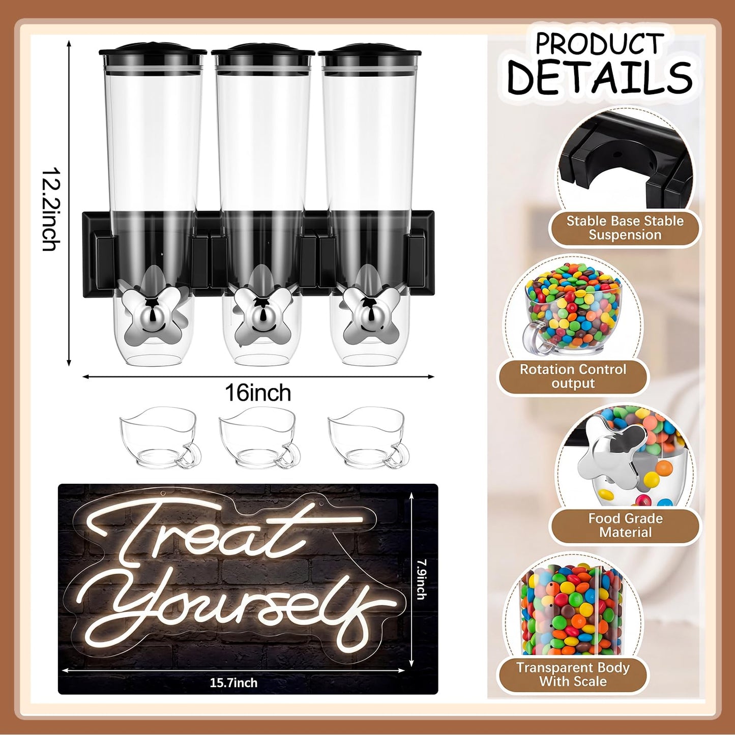 Lounsweer 9 Pcs Wall Mounted Cereal Dispenser with 1pcs Treat Yourself Neon Signs 13.5 L Candy Machine Grain Dispenser Neon Snack Sign Wall Mount for Home Kitchen Food Store Birthday Gift Party Decor