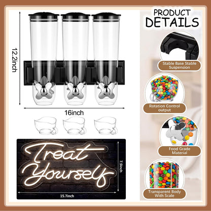 Lounsweer 9 Pcs Wall Mounted Cereal Dispenser with 1pcs Treat Yourself Neon Signs 13.5 L Candy Machine Grain Dispenser Neon Snack Sign Wall Mount for Home Kitchen Food Store Birthday Gift Party Decor