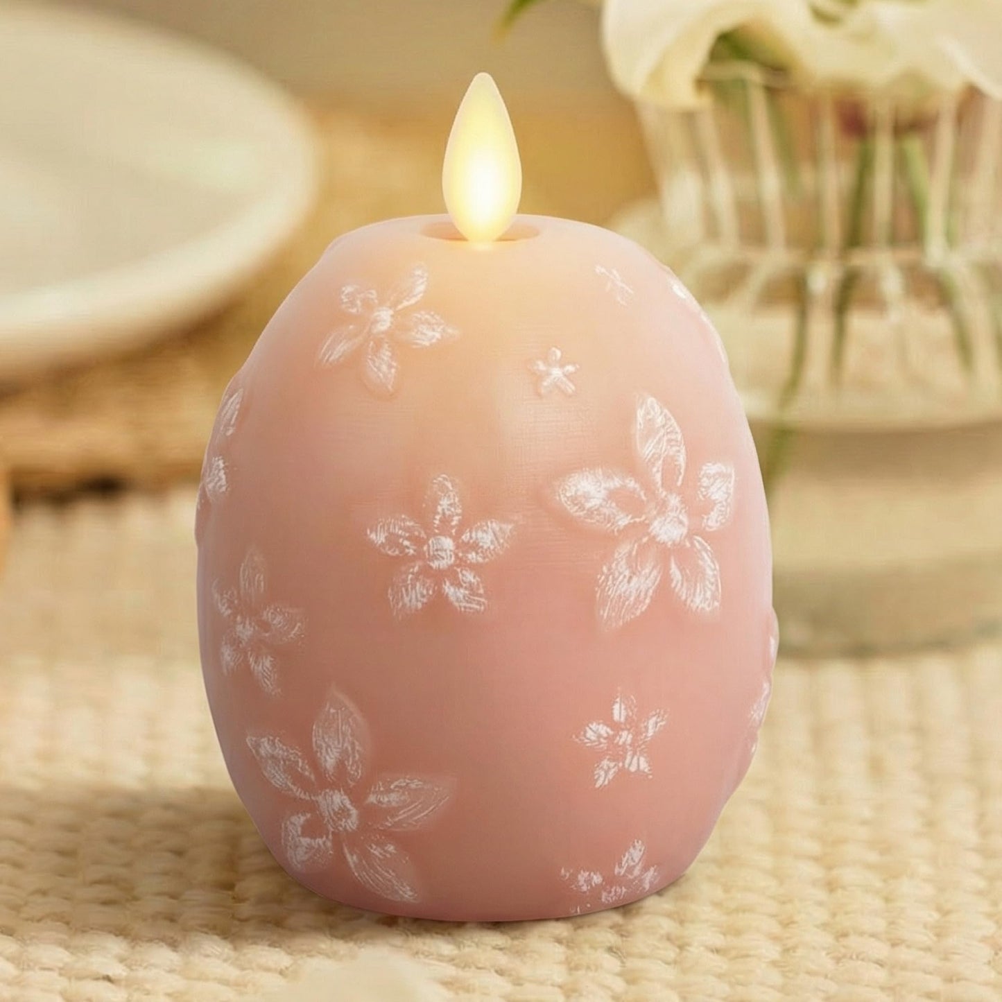 Luminara Flameless Candle Crystal Beads Glitter Sphere, Unscented Real Wax LED Candle, Timer, Holiday Decoration Centerpiece (Dusky Rose Floral)