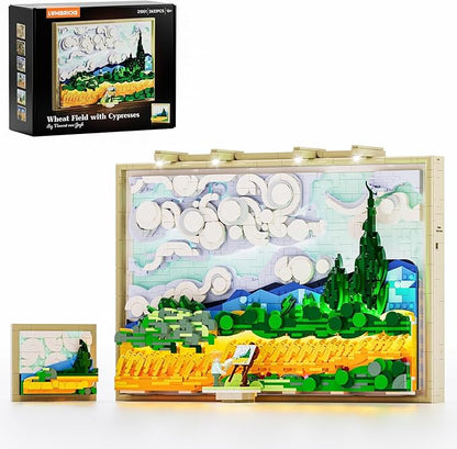Wheat Field with Cypresses Building Blocks Set with Lights - 3D Wall Art Home &amp Office Decor - Gift for Adults &amp Visual Art Lovers