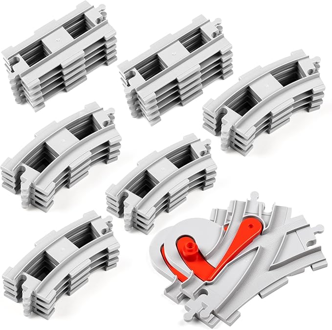 32 Pieces Train Tracks Classic Railway Track with 20 Curved Tracks 10 Straight Tracks and 2 Switches Tracks - Compatible with All Major Brands Toy Track Accessory for Kid Light Grey