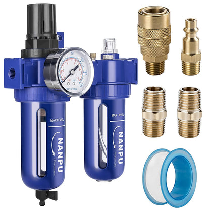 NANPU 3/8" NPT Compressed Air Filter Regulator Lubricator (FRL), Zinc Alloy, 5 Micron Brass Element, 0-150 psi Gauge, Quick Release Bowl, Manual Drain, Metal Bracket