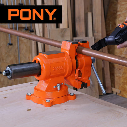 PONY Heavy Duty Bench Vise, 5-inch Jaw Width and Opening, 360-Degree Swivel Base With Anvil, Utility Combination Pipe Home Vise for Woodworking, One-Pair Vise Jaw Pad Included