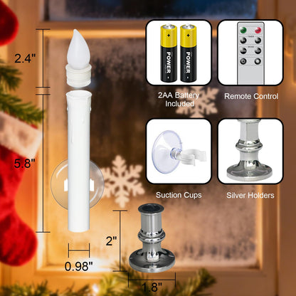 DRomance 9" Flameless Window Taper Candles Battery Operated with 8-Key Remote and Timer, 4 Pack White Christmas Holdiay Window Candles with Silver Holders, Suction Cups and AA Batteries Included