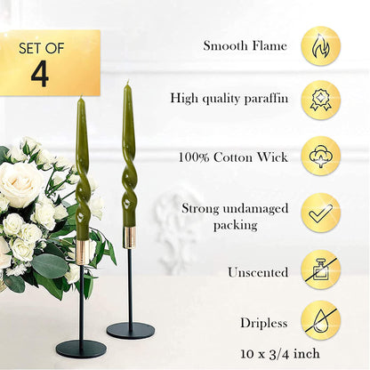 MAITREYA Olive Spiral Taper Candles Conical Stick Candles Taper Candles-Set of 4 for Decoration Weddings Party Church-Unscented Dripless Candles,10inch(Olive)