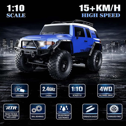 RC Cars RC Crawler 1/10 Scale RTR Remote Control Car 4WD 2.4GHz Brushed Offroad Racing Hobby Grade Model Vehicle with LED Lights 2Pcs Battery Toy for Kids and Adults