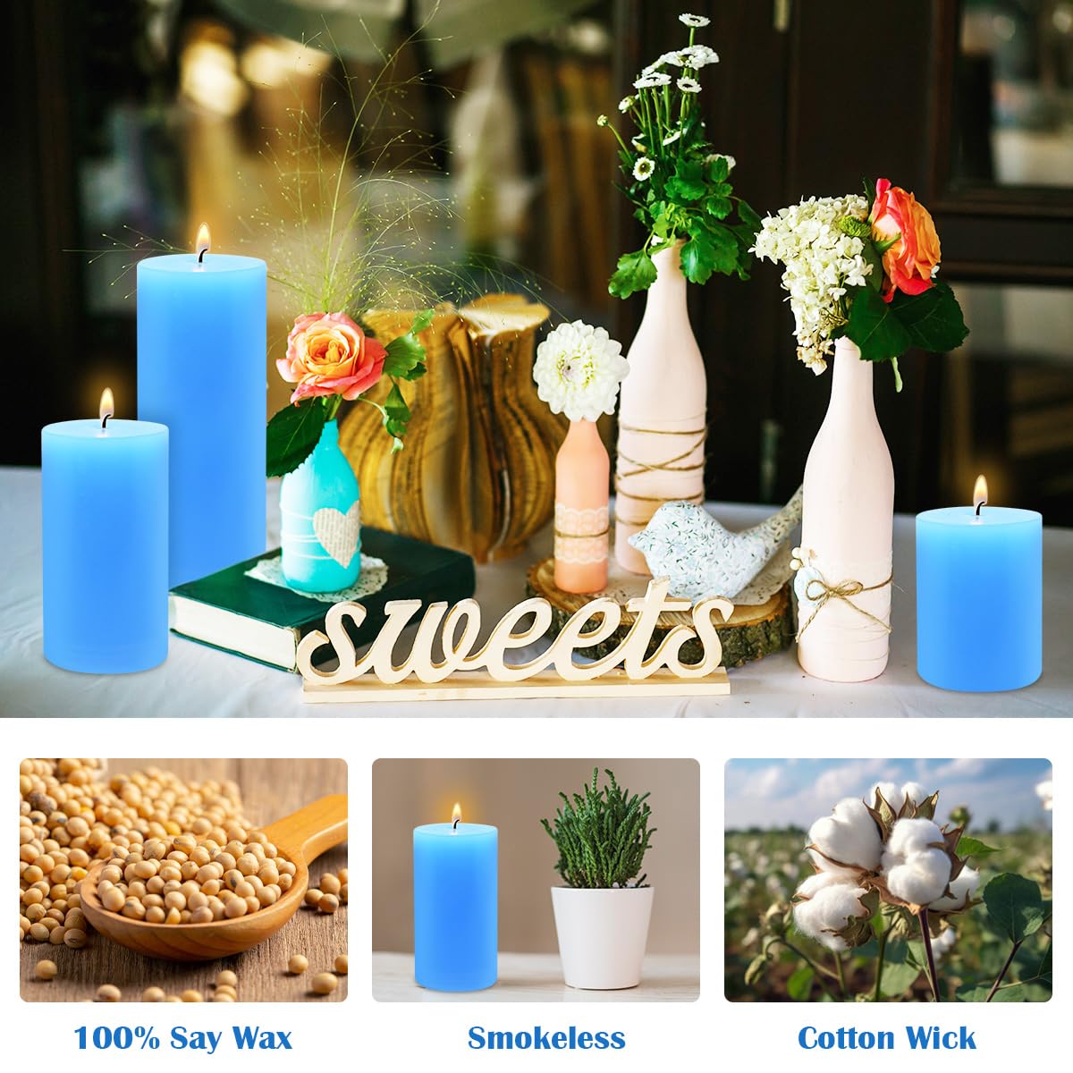 Blue Pillar Candles Set of 3 - Dripless Unscented - 3x4, 3x6 & 3x8 inches Decorative Candles for Home Decor & Table Centerpieces