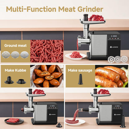 AAOBOSI Meat Grinder Electric 3000W Max with Touch Color Screen, Auto-Reverse & Built-in Storage - 3 Speed Settings,Grinding, Sausage & Kibbe Making for Home Use, Stainless Steel