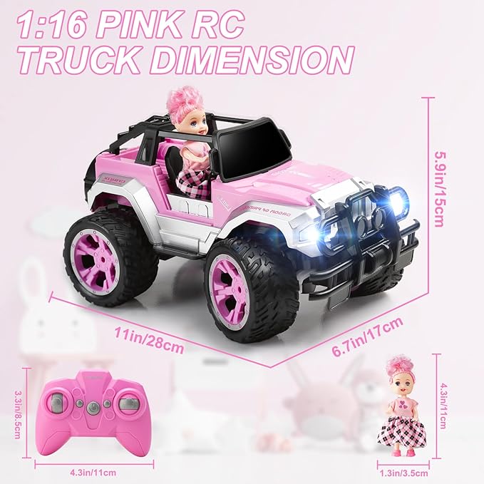 Carox Remote Control Car for Girls 160 mins Pink RC Car with Doll and Sticker 1:16 Scale RC Convertible Truck with Rechargeable Batteries Birthday for Ages 4-12 Years Girls