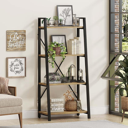 BON AUGURE Bar Cart for The Home, Bar Serving Carts on Wheels with Industrial Ladder Shelf Bookcase, 4 Tier Rustic Ladder Bookshelf, Standing Leaning Book Shelves for Living Room (Vintage Oak)