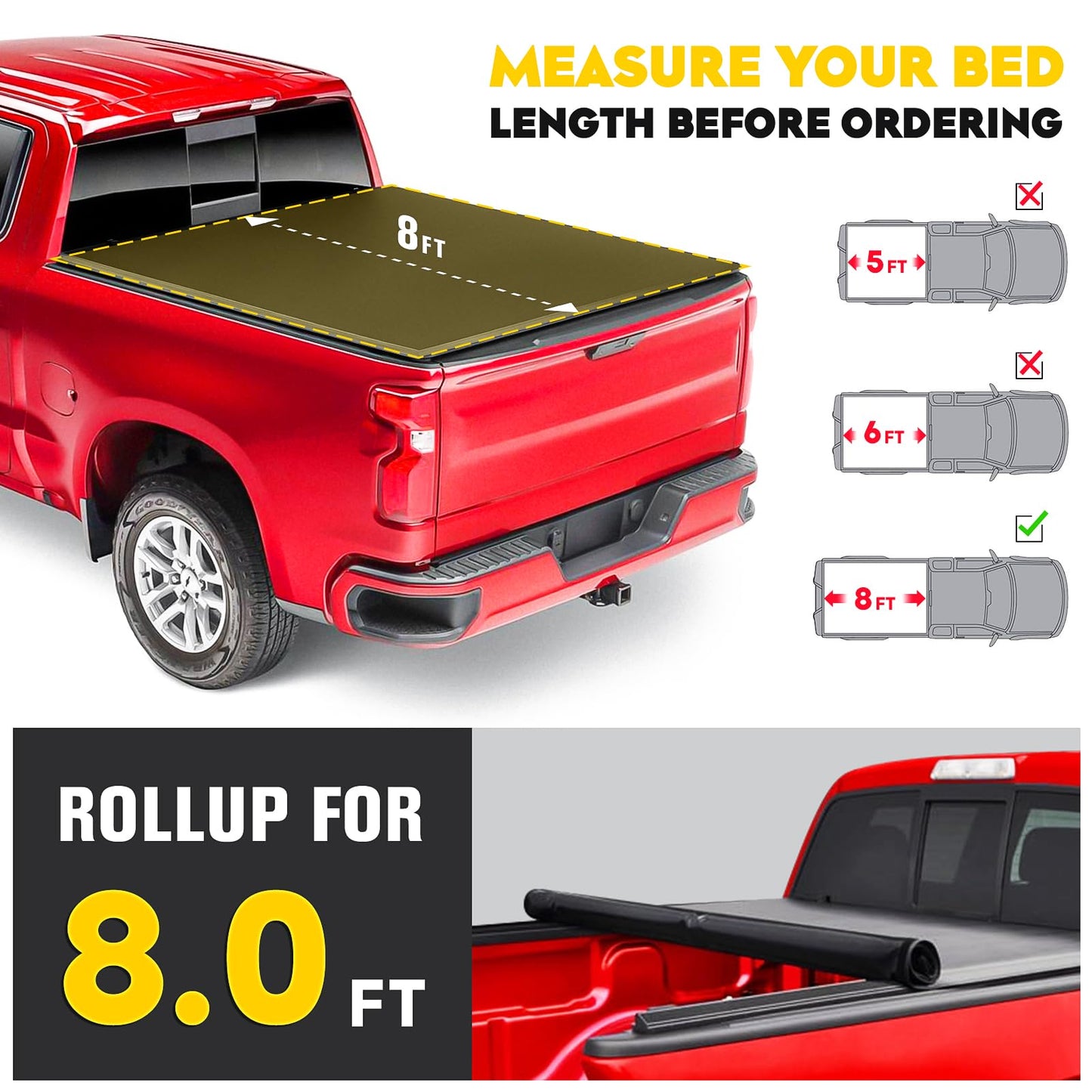 Soft Roll Up Truck Bed Tonneau Cover Fits for Ford F150 2004-2014, Length 8FT (96"-97.4") Fleetside Truck Bed, Not for Models with Stepside/Flareside