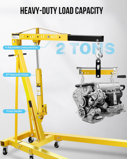 2-Ton Shop Crane with Lever, Hydraulic Folding Engine Hoist w/6 Steel Casters - Lift Car Transmissions, Boat Motors, Farm Equipment (Net Wt. 168 lbs)