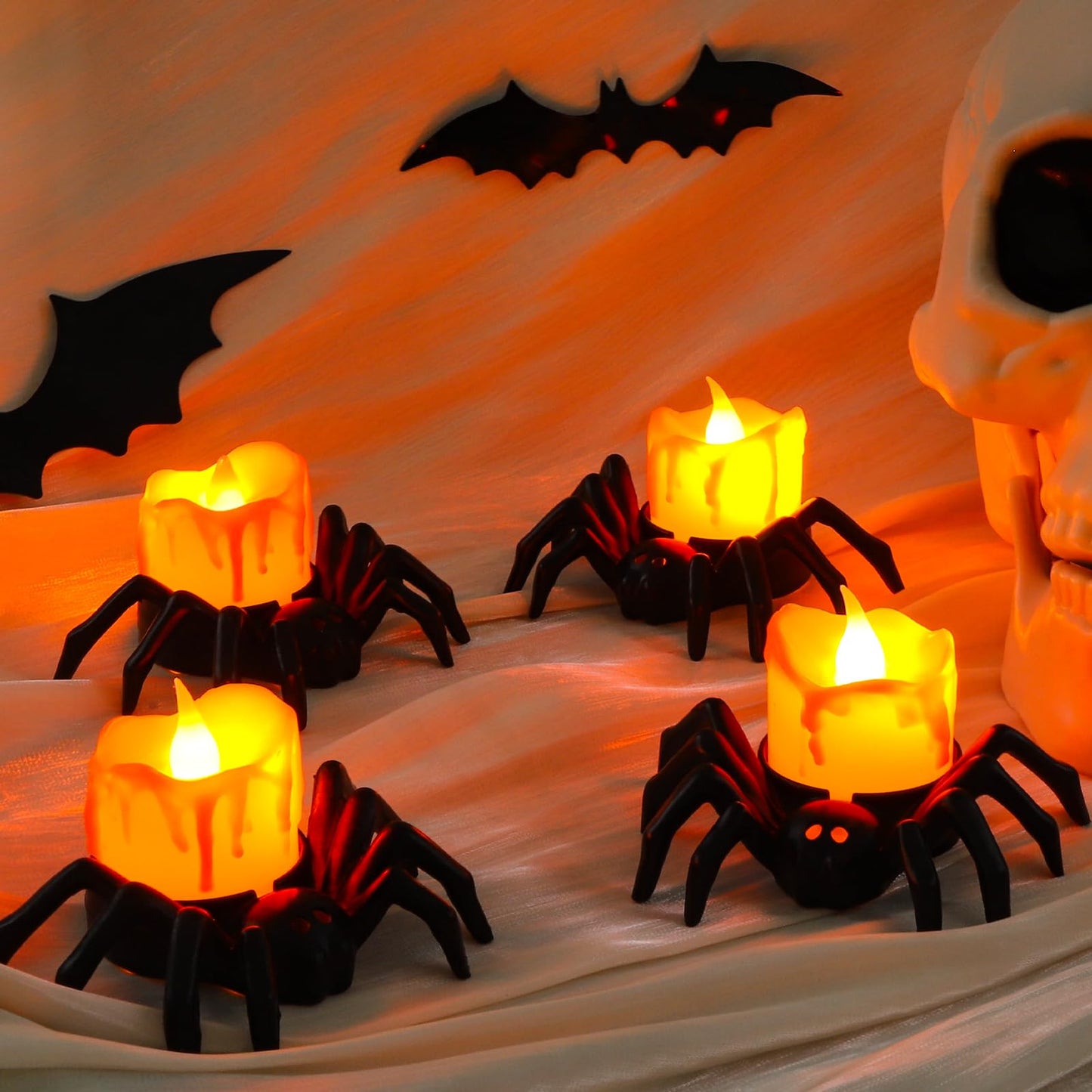 Vellibring 6PCS Halloween Spider Tea Lights Decoration, Halloween Flameless LED Candle Holder Lights Battery Operated for Halloween Party Table Home Spooky Decor (Orange)