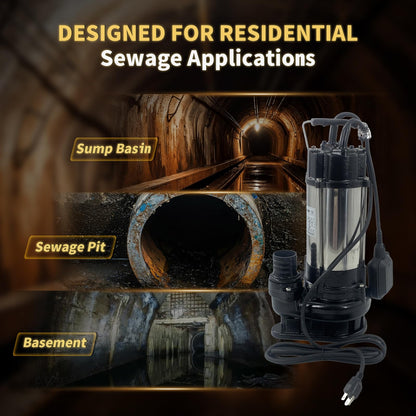 Submersible Sewage Sump Pump, 3/4HP 115V, 6868 GPH Stainless steel Sewage Pump Automatic Float Switch, 2'' NPT Discharge, 10FT Cable for Basement Sump Basin & Sewage Pit