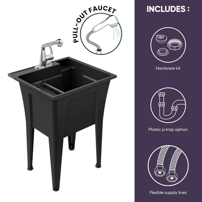 Freestanding Utility Sink with One Handle Chrome Faucet - 24" Plastic Utility Sink for Garage, Laundry, Indoor and Oudoor Use - Laundry Tub Kit by Noah William Home - Black (19.5 gal)