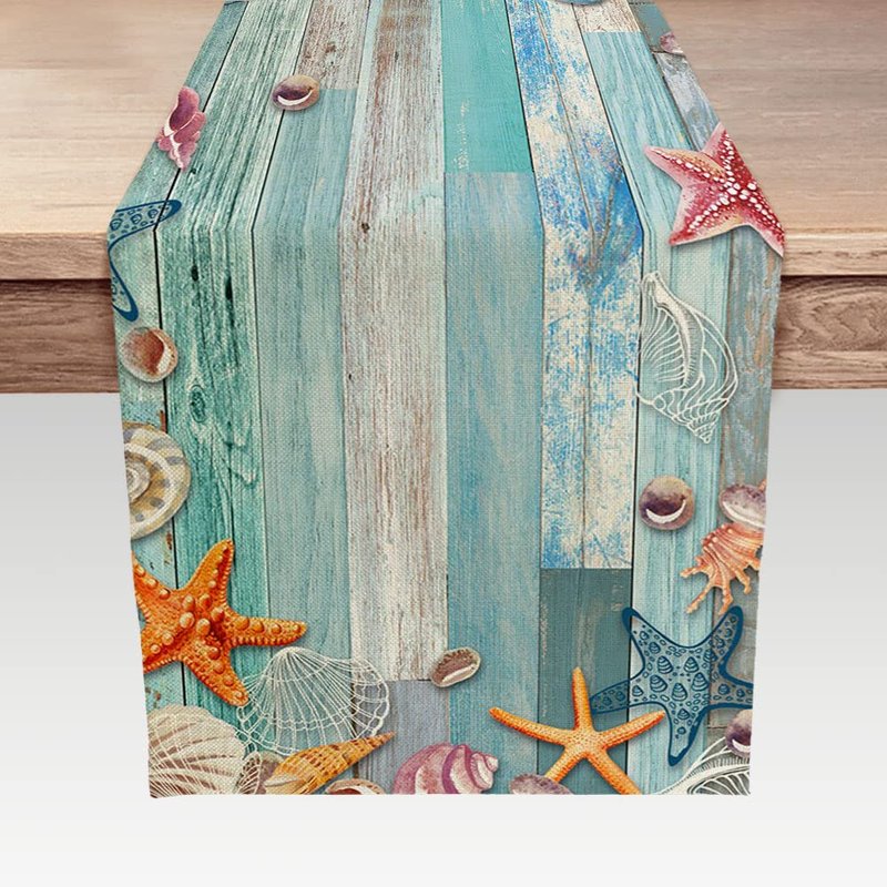 Beach Table Runner, Summer Ocean Beach Seashell Starfish Table Runner for Kitchen, Coastal Nautical Linen Non-Slip Dining Table Runners for Family Dinner/Wedding/Outdoor Indoor Party