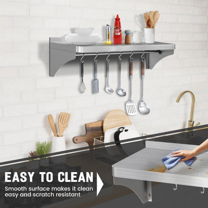 Commercial Stainless Steel Shelf 36" x 12" - 250lb Load Capacity, Heavy Duty Stainless Steel Wall Mounted Kitchen Shelf with Backsplash & 6 Hooks for Restaurant, Laundry