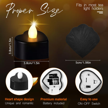 Honoson 1000 Pieces Artificial Rose Petals with 24 Pcs Flameless Heart Shaped LED Tealights Candles Special Romantic Night Decorations for Proposal Wedding Anniversary Table Decor (Black with White)