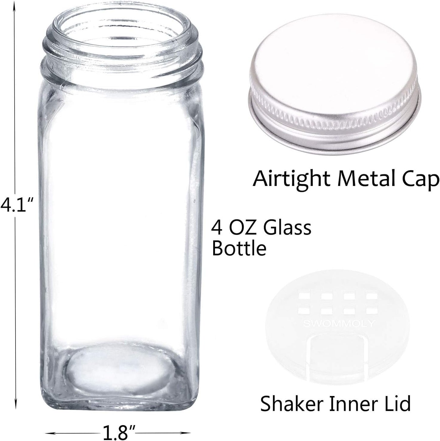 SWOMMOLY 36 Glass Spice Jars with 703 Spice Labels, Empty Square Spice Bottles 4 oz with Pour/Sift Shaker Lid, Airtight Cap, Chalk Marker and Funnel Complete Set