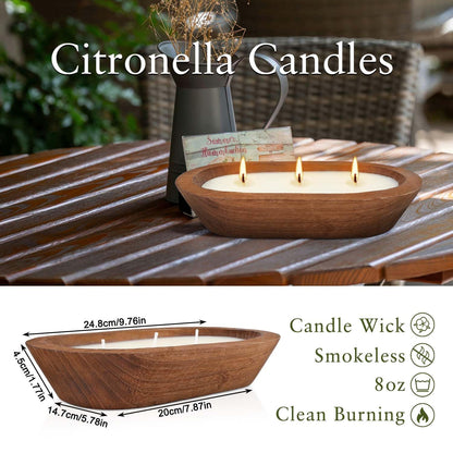 Citronella Scented 3-Wick Candle (8oz) Oval Wood Bowl Candle, Clean Burning & Smokeless, Decorative Soy Blend Candle for Home, Patio, Garden, Summer Gift.