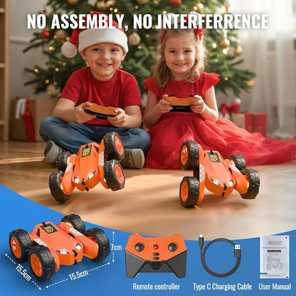 MaxTronic Fast Direct Charging Remote Control Car with LEDExclusive Dual USB-C Charging for Car &amp Controller - 2.4Ghz 15km/h 360° Flips Rotations 4WD RC Stunt Car Fully Rechargeable for Kids 3-12